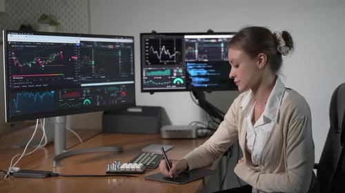 woman at night on computer screen for data analytics, stock market research or digital charts