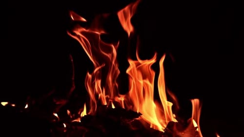 Holzscheite, die nachts am Lagerfeuer brennen. Ein Stab zerbricht und mehrere Funkeln steigen auf
.