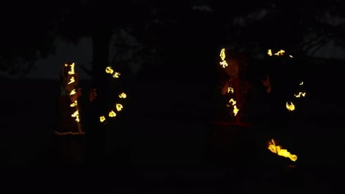 Fire Show And Dance In Folk Festival Stuntwomen In Traditional Gowns Dancing With Fire Torches