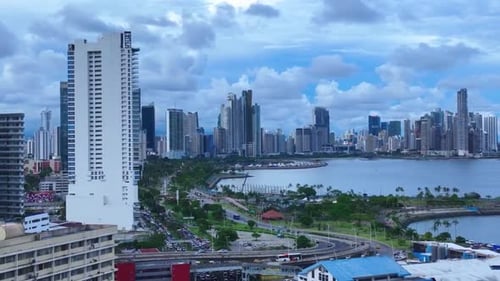 Aerial Flyover of Panama City Showcasing Its Modern Skyline and Coastal Views