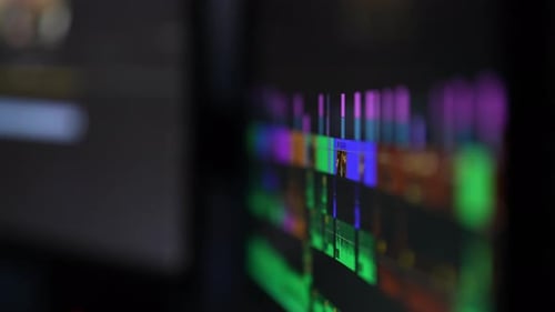 Concept of Video Editing on Computer Monitor Closeup of Video Editor Works on Editing on Desktop