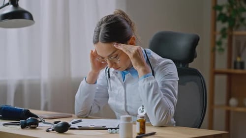 Tired Female Doctor at Desk in Office
