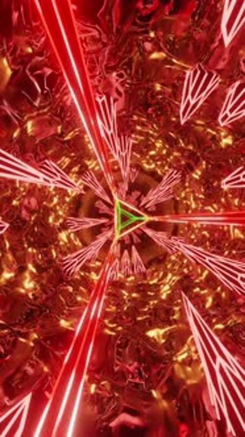 Red and yellow abstract reflective tube with triangle in the center. Looped animation
