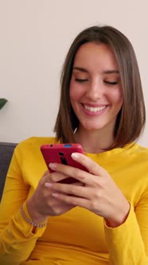 Smiling Woman Using Smartphone Indoors, Mobile Technology