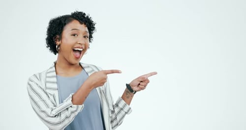 Face, woman and pointing to advertising space, mockup and marketing information on white background