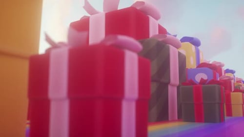 Animación en bucle sin fin de coloridas cajas de regalo de dibujos animados en el suelo del arcoíris