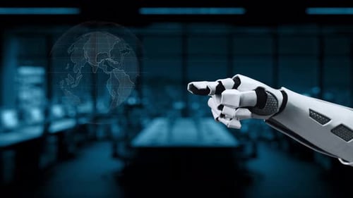 Futuristic Robot Hand Touching AI Language Icons in a Modern Office, Representing Multilingual Commu