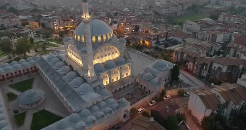 Aerial video in the evening over a mosque in Istanbul Turkey
