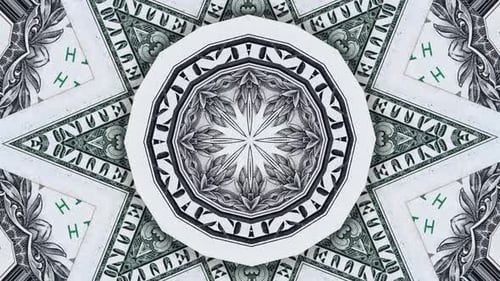Dollar-Kaleidoskopeffekt, abstrakte geometrische Textur. Hintergrund aus Dollarscheinen.