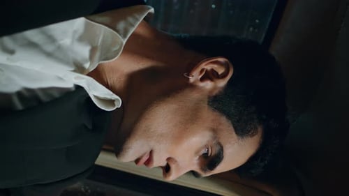 Relaxed Passenger Sleeping Vehicle Business Travel Close Up Sleepy Man Vertical