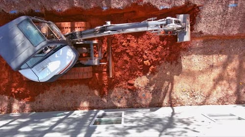 Excavator Digging Trench, Aerial Construction Equipment