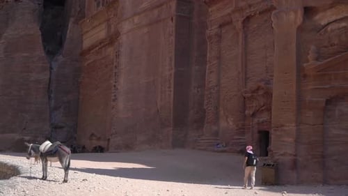 A Man and Mule in Front of Carved Temple in Petra Archaeological Site, Jordan on Hot Sunny Day, Full