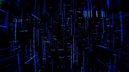 Tiefblauer und orangefarbener Hintergrund mit digitalen Raum-Neoncode-Elementen, VJ Loop in 4K