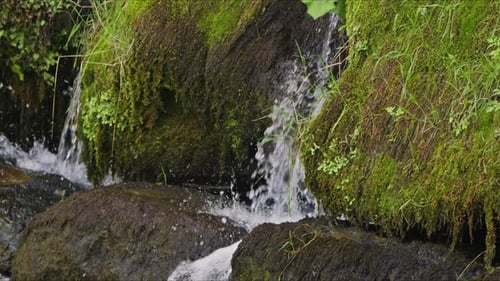 Cachoeira entre pedras cobertas de musgo na natureza