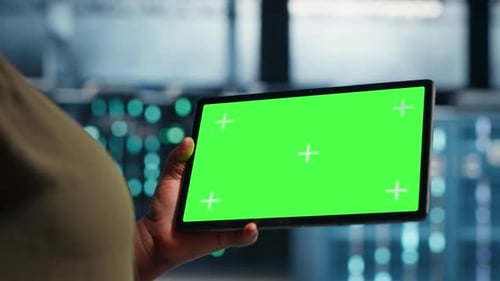 Data Center Green Screen Laptop and Tablet Prepared for Equipment Checkups