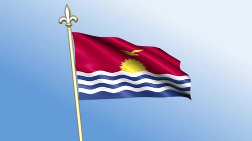 Animated Kiribati National Flag Waving with Gold Pole against Blue Sky