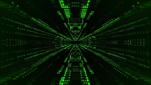 Abstract green sci-fi tunnel made of glowing HUD elements with moving camera effect , 4k , 60 fps