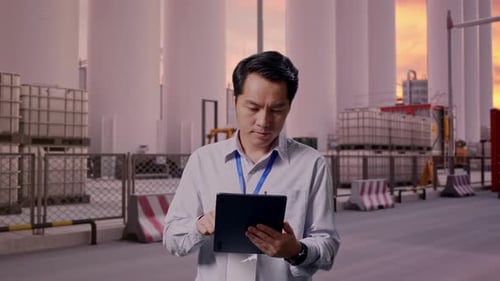 Asian Male Worker Is Working With A Tablet at Storage Facility