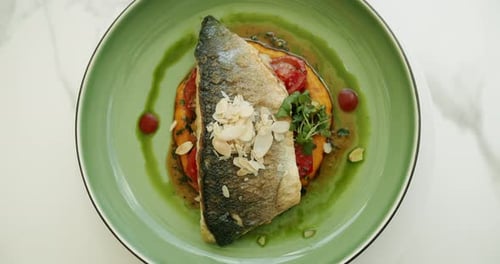 Sea Bass Steak with Sauce Restaurant Main Course Dish Concept