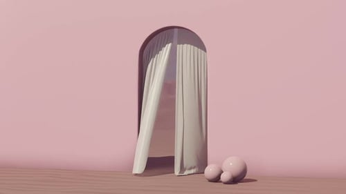 Abstract portal animation with flowing curtains and spheres in desert