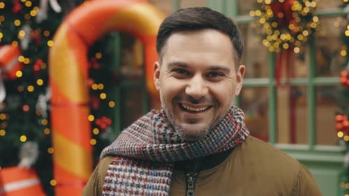 Pretty Bearded Man Standing Outdoors on the Christmas Winter Street Background Portrait of the