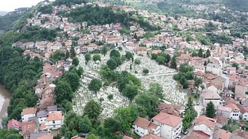 Aerial video of the capital city of Sarajevo of Bosnia and Herzegovina