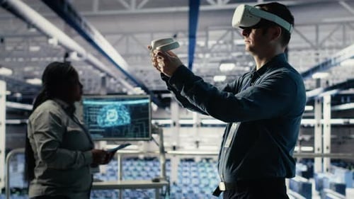 Programmer in Server Room Wearing VR Headset Optimizing Deep Learning Systems