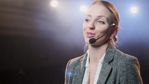 Speech of Business Woman Employee at Business Conference for Office Workers Speaker Talks to