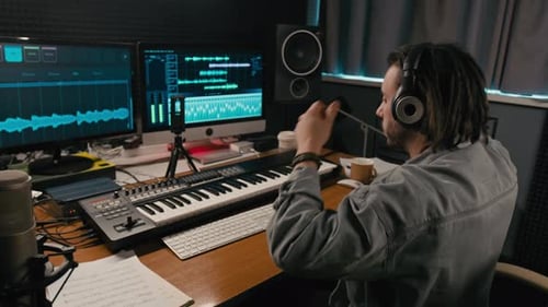 Caucasian Male Composer Working on New Music in Studio