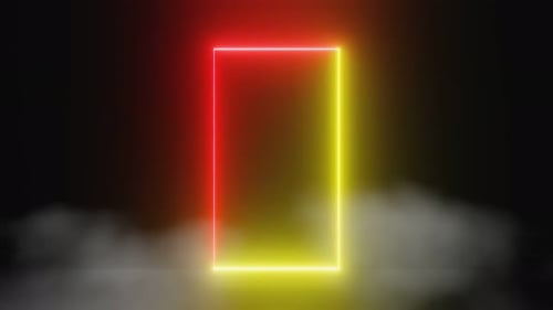 Porta de luz de néon brilhante abstrata, fantástica sala de estúdio escura com fundo de fumaça, renderização 3D