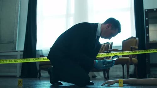 Detective Investigating Crime Scene Examining Hand with Magnifying Glass