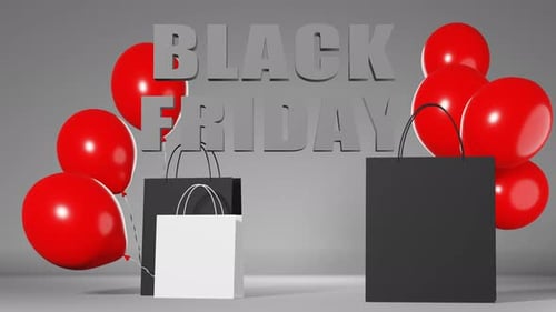 Black friday sale 3d animation Blank shopping bags branding mockup red balloons background 4K