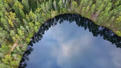 Aerial View Of small lake. Rotating drone footage. Top down sky cloud reflections in blue water.