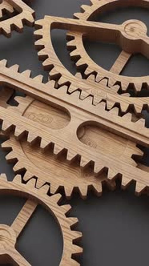 Continuous 3D loop of wooden gears and rack, highlighting precision.