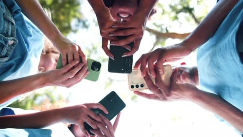 Low angle, hands and people with smartphone, outdoor and typing with connection and social media