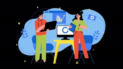 Two people collaborating with technology in an office setting