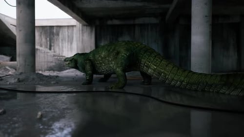 Un crocodile explore une structure faiblement éclairée près du bord de l'eau