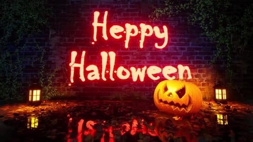 Happy Halloween Neon Text Animation with Jack-o'-lantern