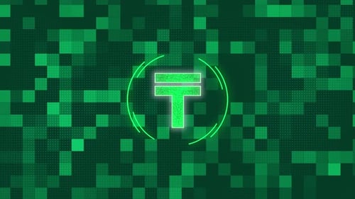 Glowing Green Digital Symbol Animation with Futuristic Pixel Background