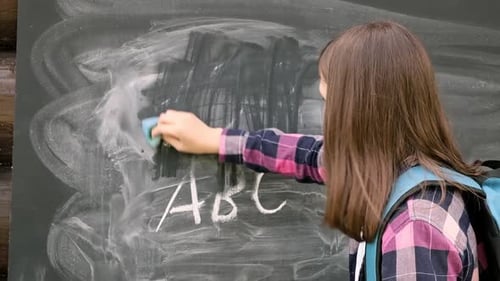 Girl Erasing a Chalkboard in School