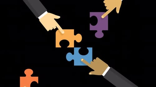 Four Hands Completing Puzzle Pieces Collaboration Animation