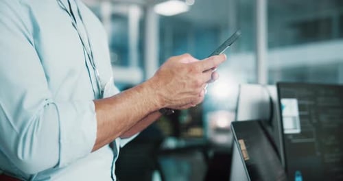 Hands, man and programmer with phone in office for software development, network or database update