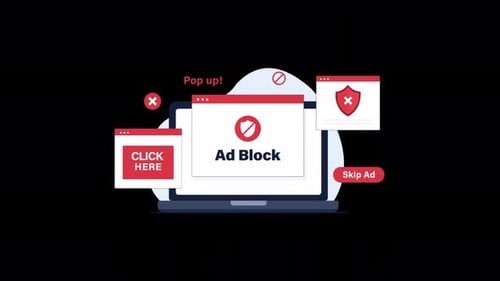 Laptop mit blockierten Anzeigen und Warnungen. Konzept-Animationsvideo zum sicheren Surfen — transparent
