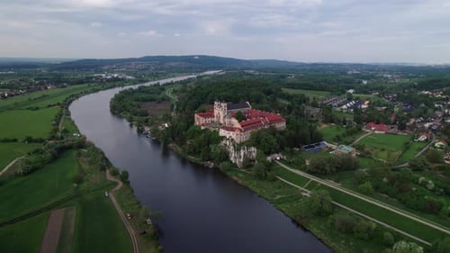 Catholic abbey in Tyniec, aerial shot over church and fortress