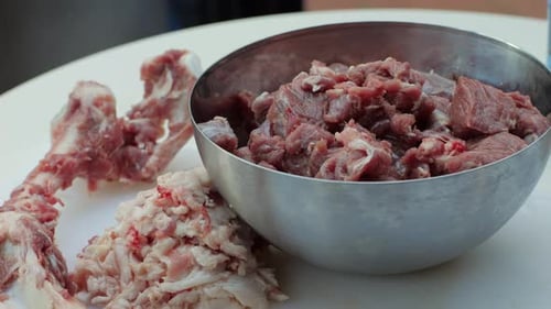 Raw Mutton in Metall Bowl Closeup Muttons Meat for Uzbek Pilaf Turkey Food Chef Preparing a Bif