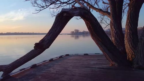 aerial peaceful sunrise over a lake