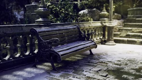 Snowy Park Bench Surrounded By Serene Nature at Twilight