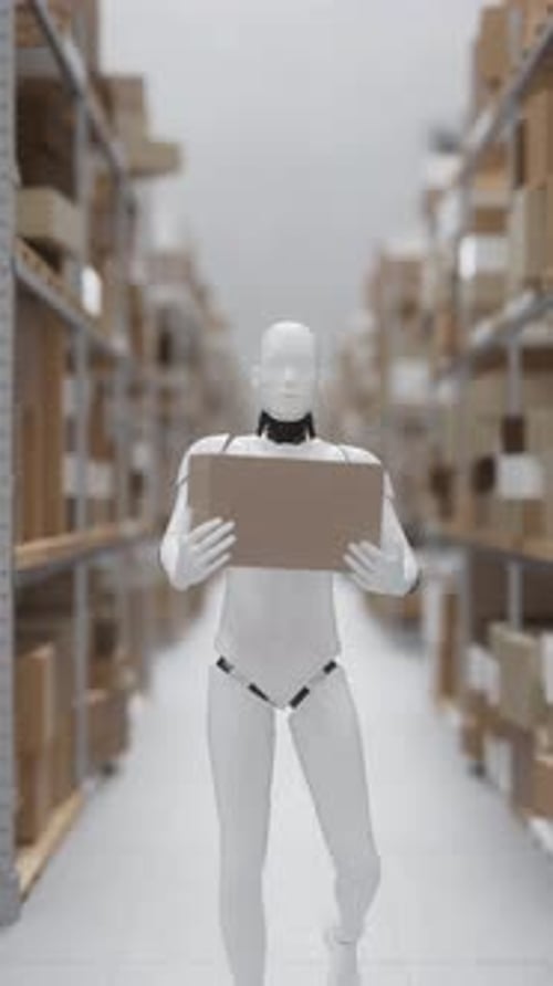 Robots Working In Logistics Warehouse