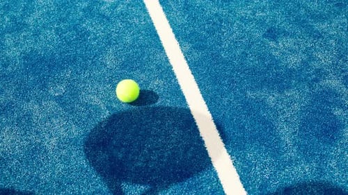 Above, racket and tennis court with ball, shadow and training with routine