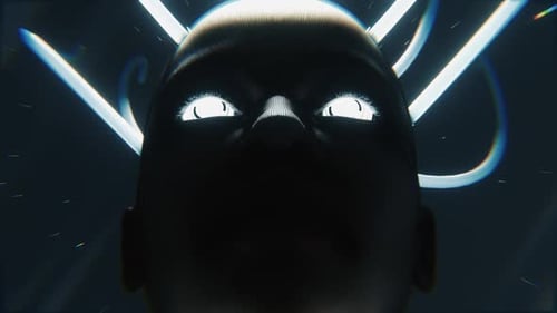 Futuristic cybernetic face with glowing eyes and tubes, digital identity